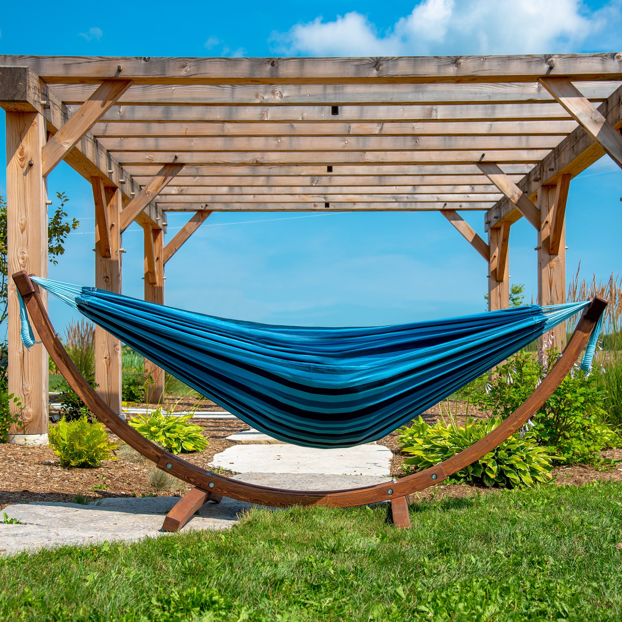 Double Cotton Hammock with Solid Pine Stand (260cm) Blue Lagoon