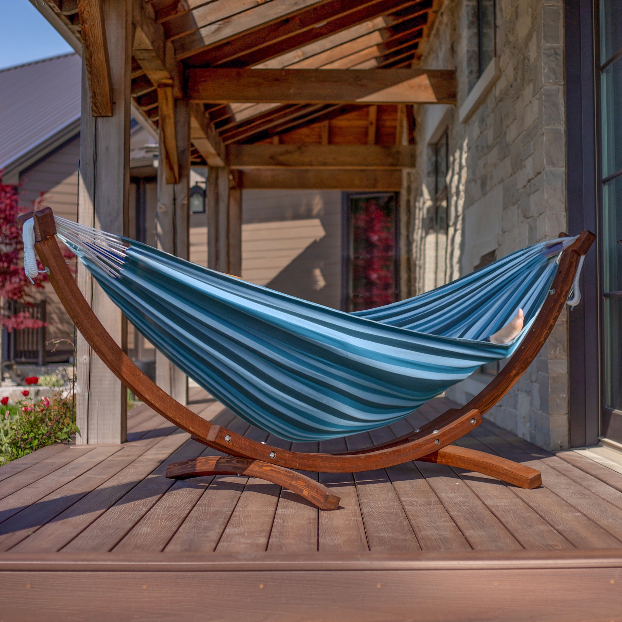 Amaca Doppia Con Supporto Autoportante Zendea Galapagos - 238x160 Cm, Capacità 181 Kg, Tessuto Brown Shades - Foto 9