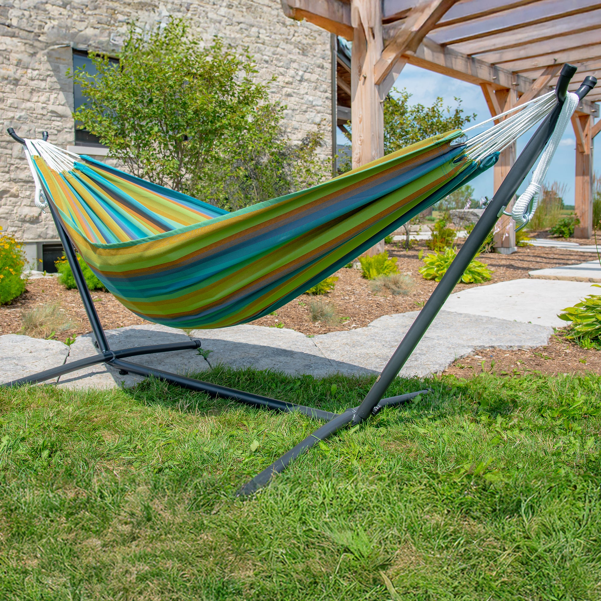 vivere doppel baumwolle hängematte mit hängemattengestell 250 cm blue lagoon Doppelbaumwollhängematte mit Ständer (250 cm)