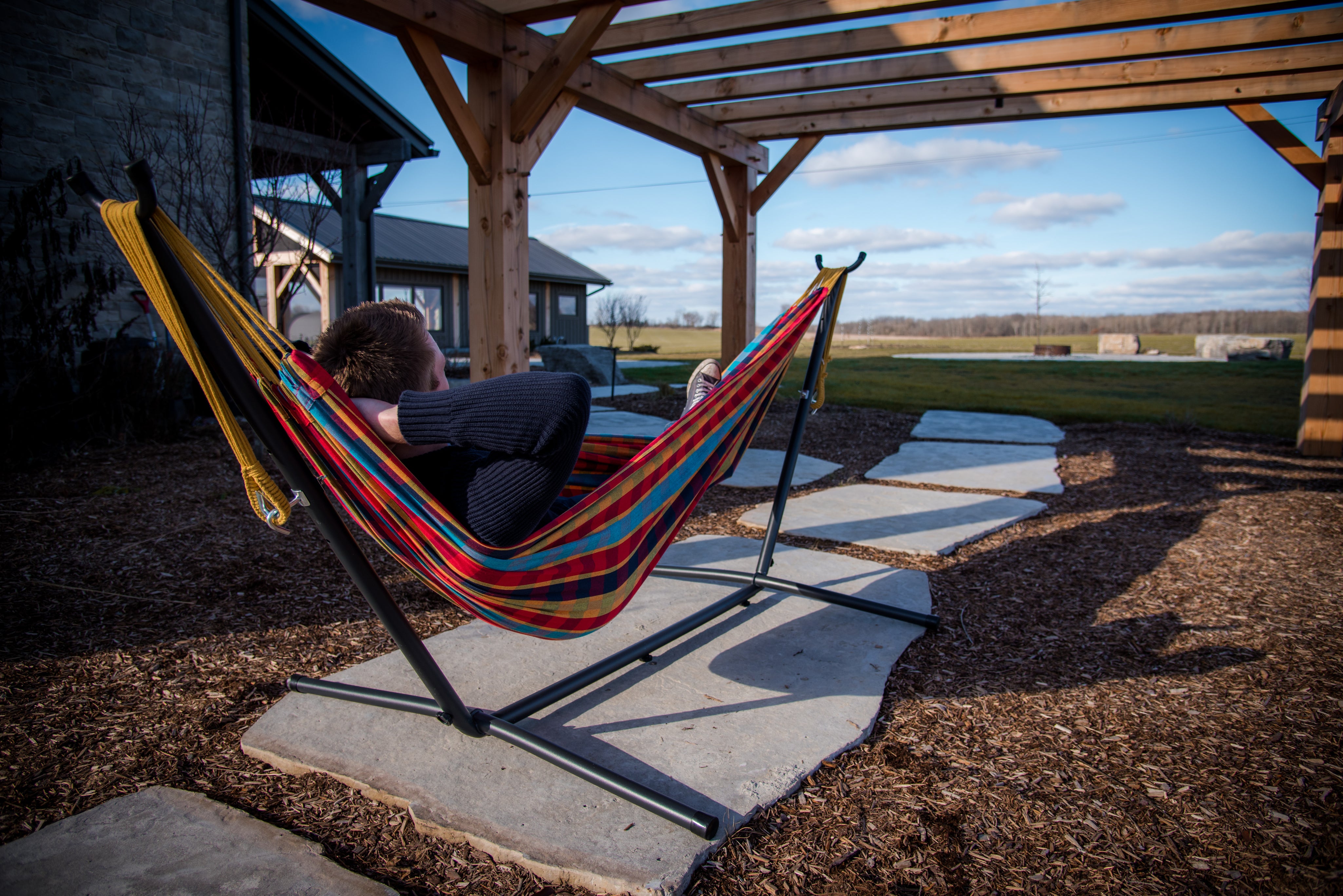 Hamac à double coton avec support (250 cm) - Lagon bleu