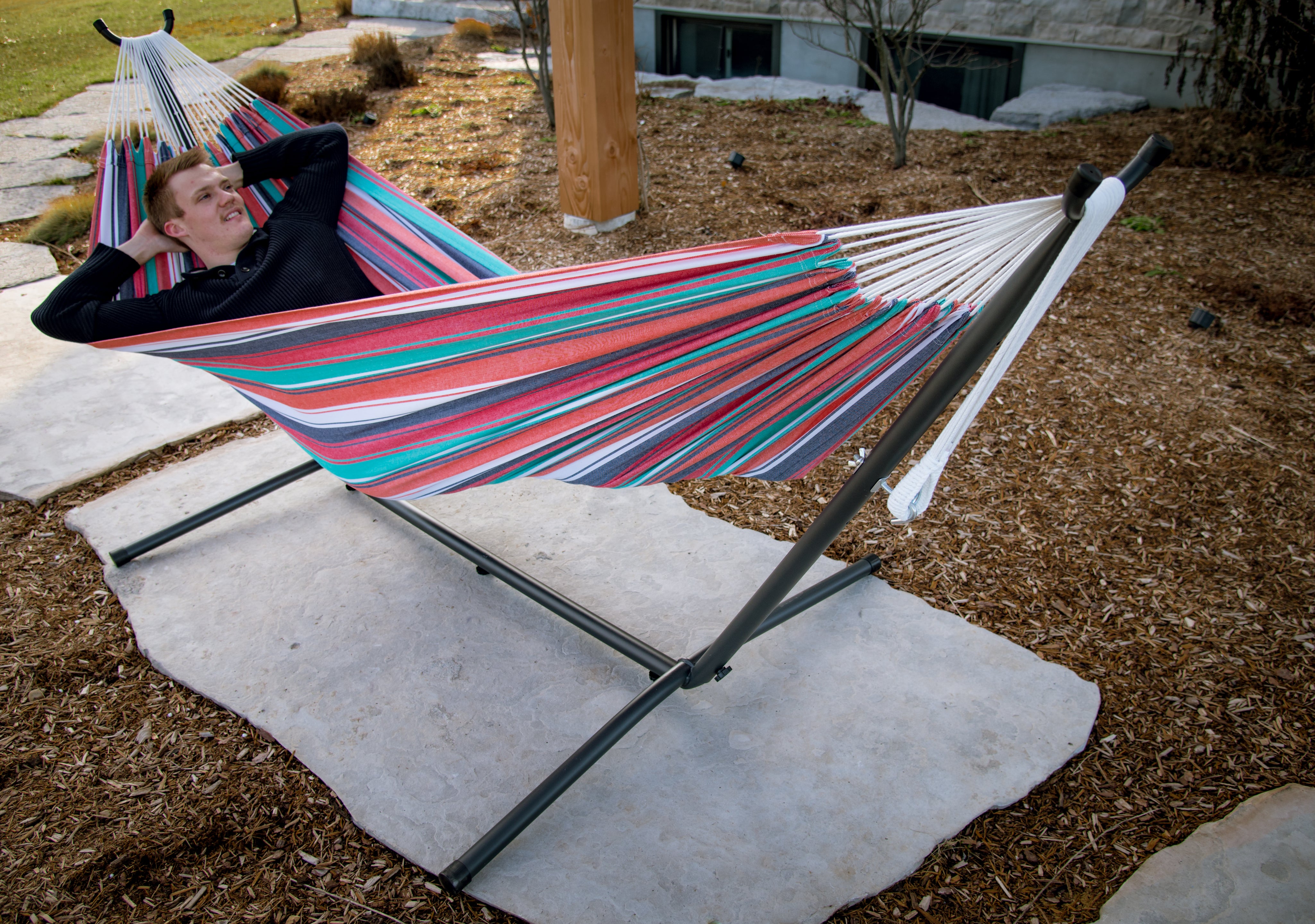 Hamac à double coton avec support (250 cm) - Lagon bleu