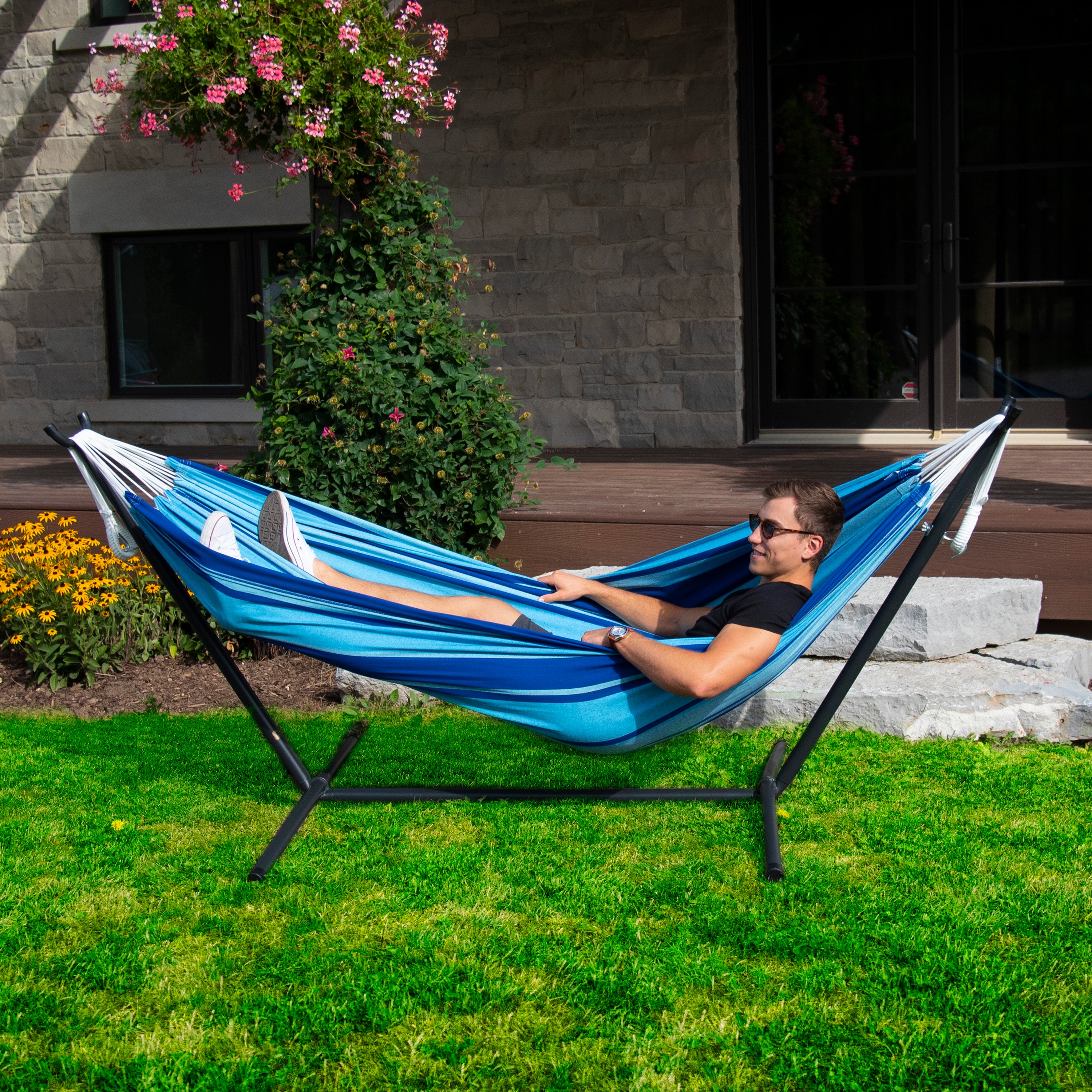 vivere doppel baumwolle hängematte mit hängemattengestell 250 cm blue lagoon Doppelbaumwollhängematte mit Ständer (250 cm)
